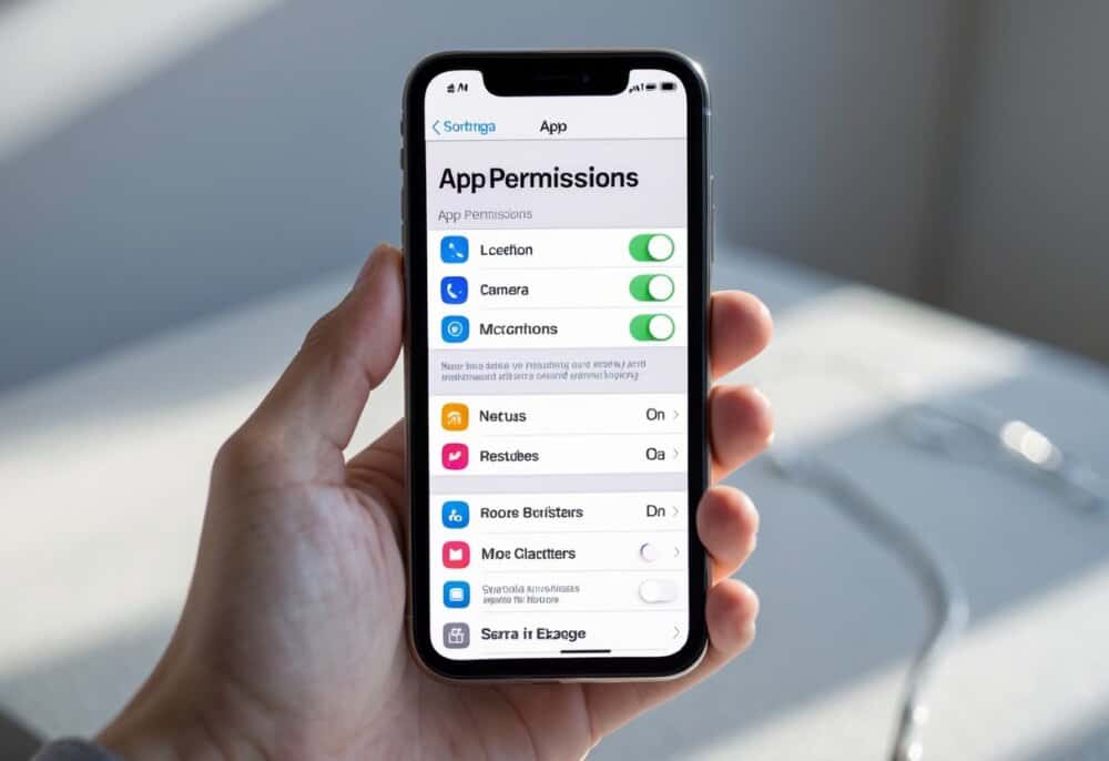 A person holding an iPhone showing app permissions settings on the screen.