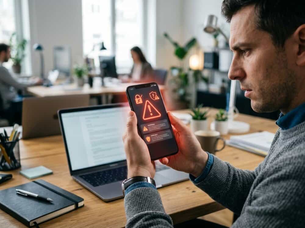 A person holding a smartphone with warning icons glowing around it, sitting at a desk with a laptop and notebook nearby.