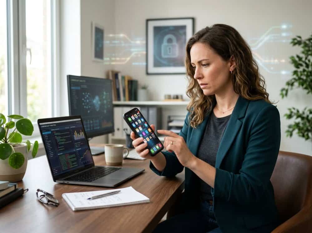 A person sitting at a desk holding a smartphone and looking at it thoughtfully, with a laptop open nearby in a clean workspace.