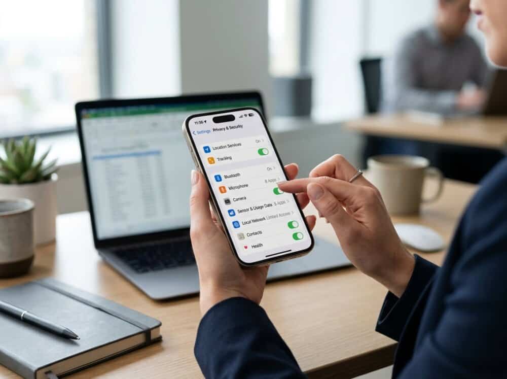 A person holding a smartphone showing privacy and security settings on the screen in an office setting.