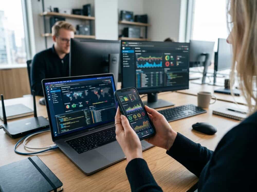 Hands holding a smartphone showing network activity graphs with a laptop displaying cybersecurity dashboards in the background on a clean office desk.