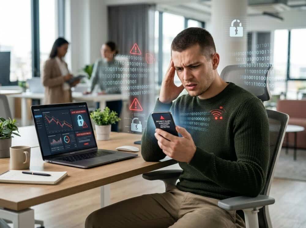 A worried young adult holding a smartphone at a desk with a laptop showing security alerts, surrounded by digital symbols representing cyber threats.