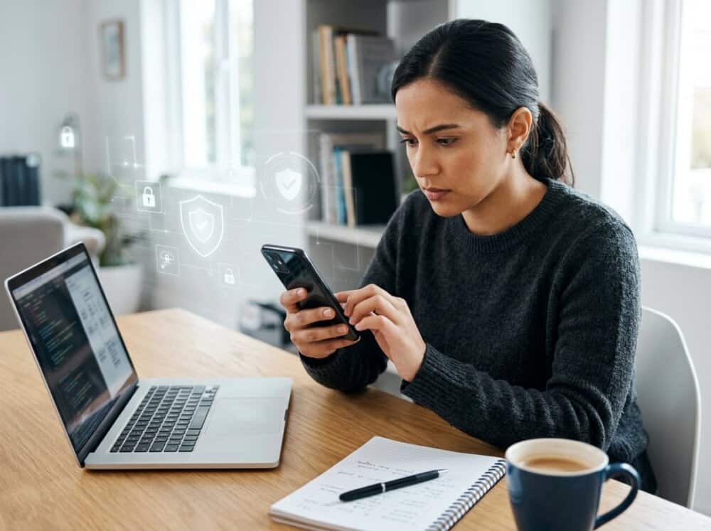 Person closely inspecting a smartphone at a desk with a laptop and notebook nearby.