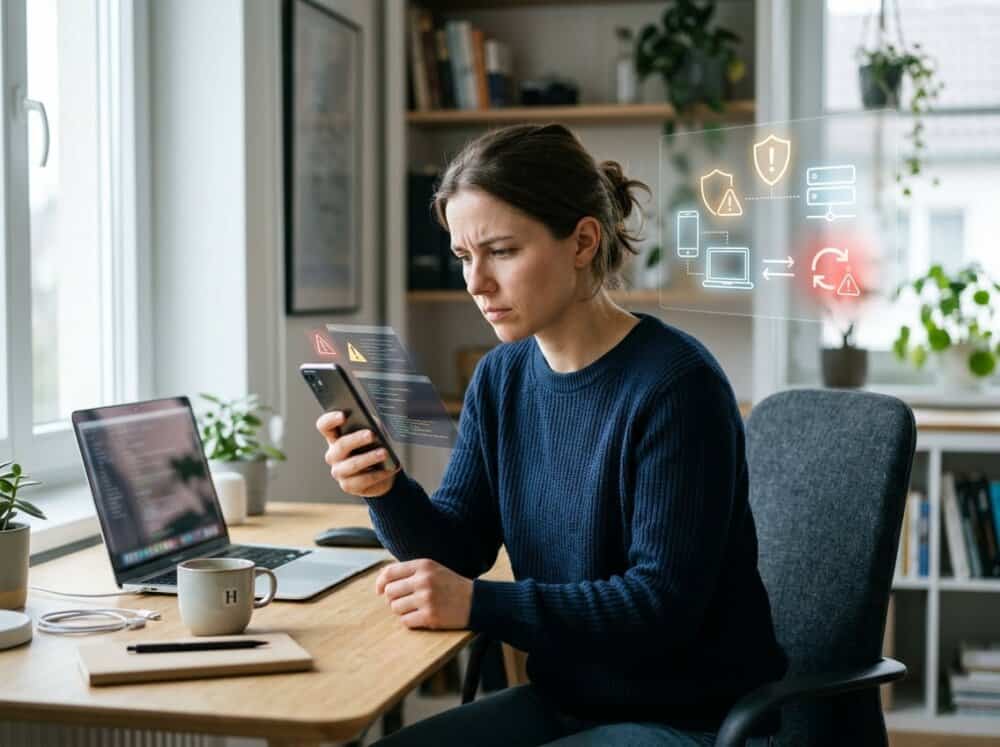 A young adult sitting at a desk looking worriedly at their smartphone with a laptop and coffee nearby.