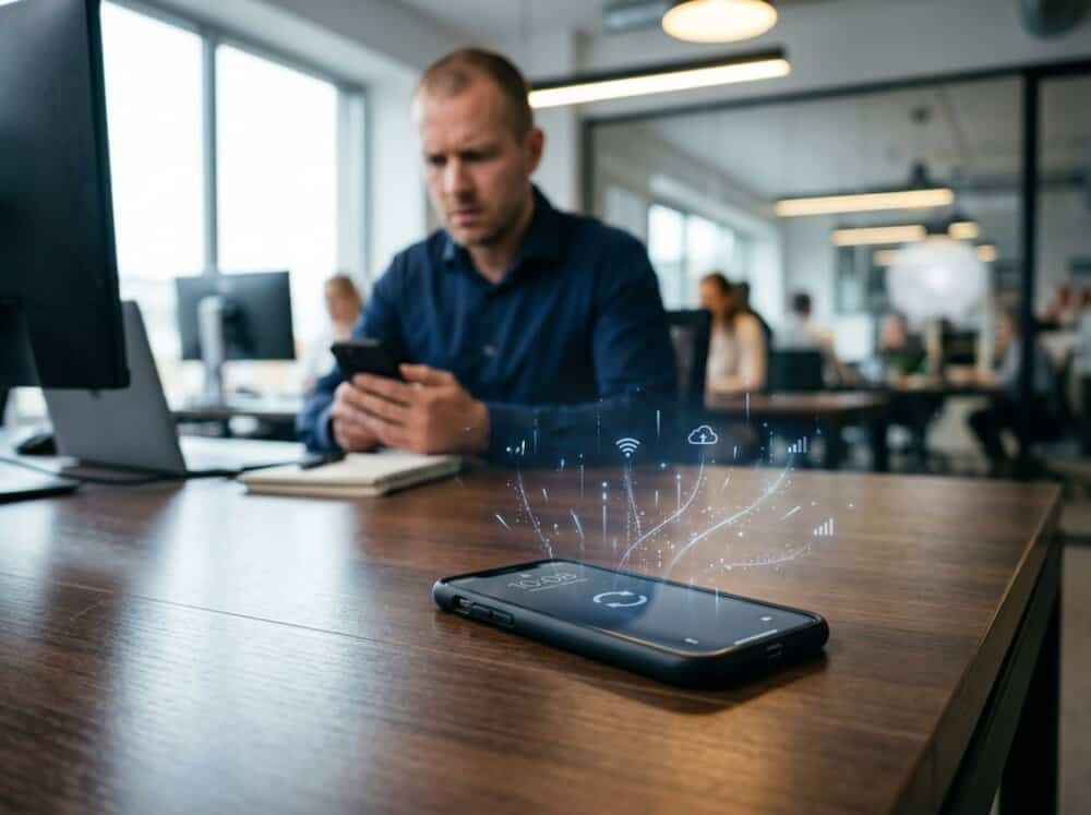 A smartphone on a desk with digital data streams around it and a worried person looking at the phone in the background.