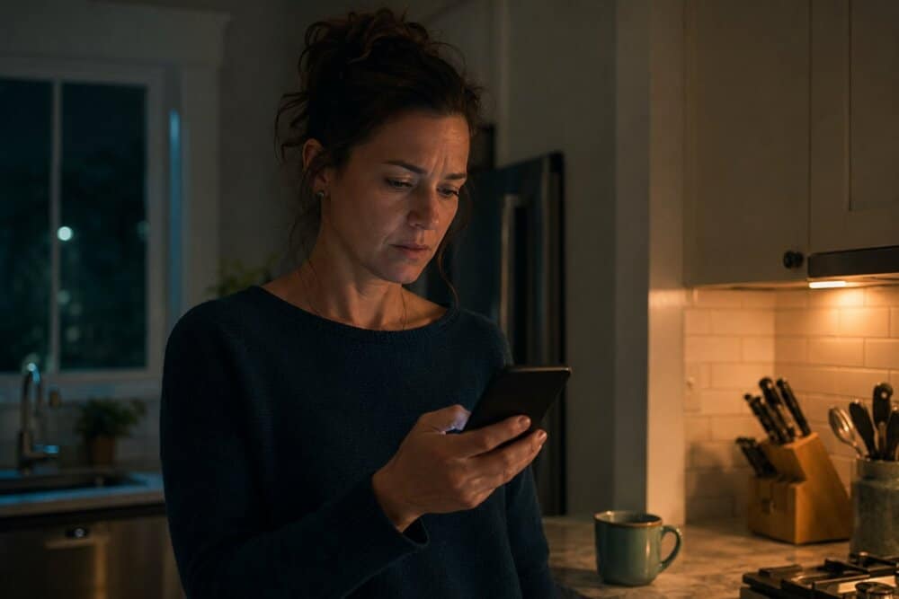 A woman checking her smartphone at night, worried her spouse may be monitoring her phone