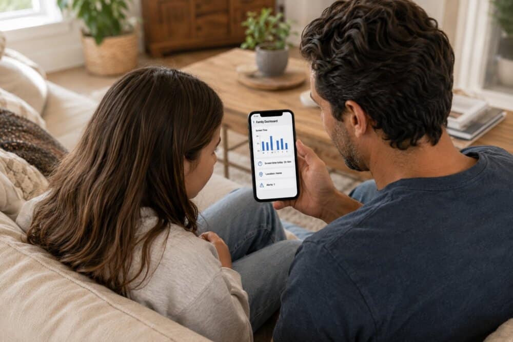 A parent and child looking at a parental monitoring app dashboard together