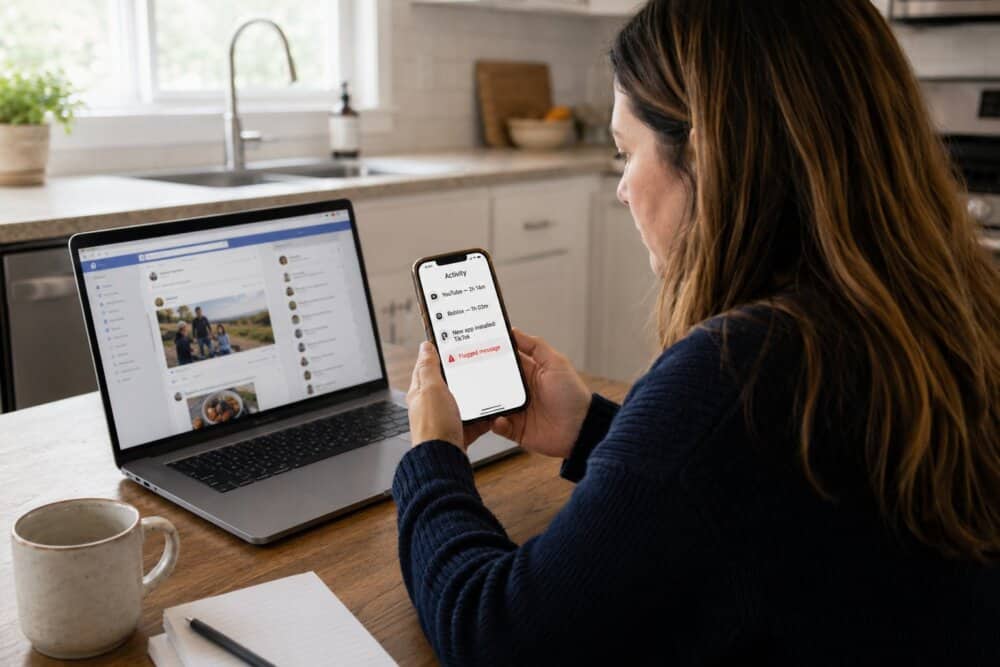 A mother reviewing her child’s app activity on a parental monitoring dashboard