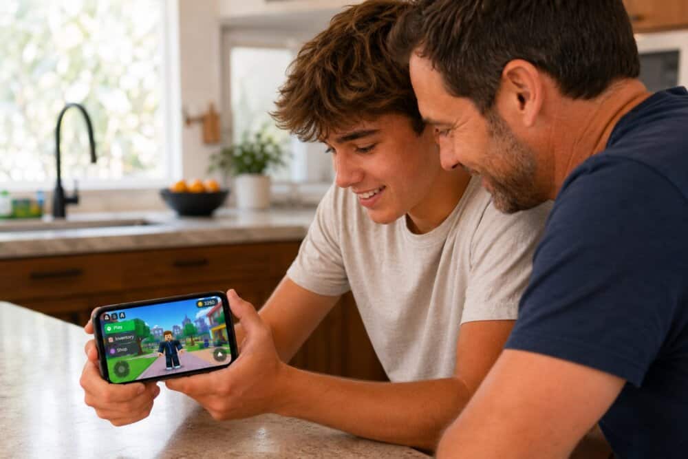 A father and teenage son talking openly about phone use as an example of transparent monitoring