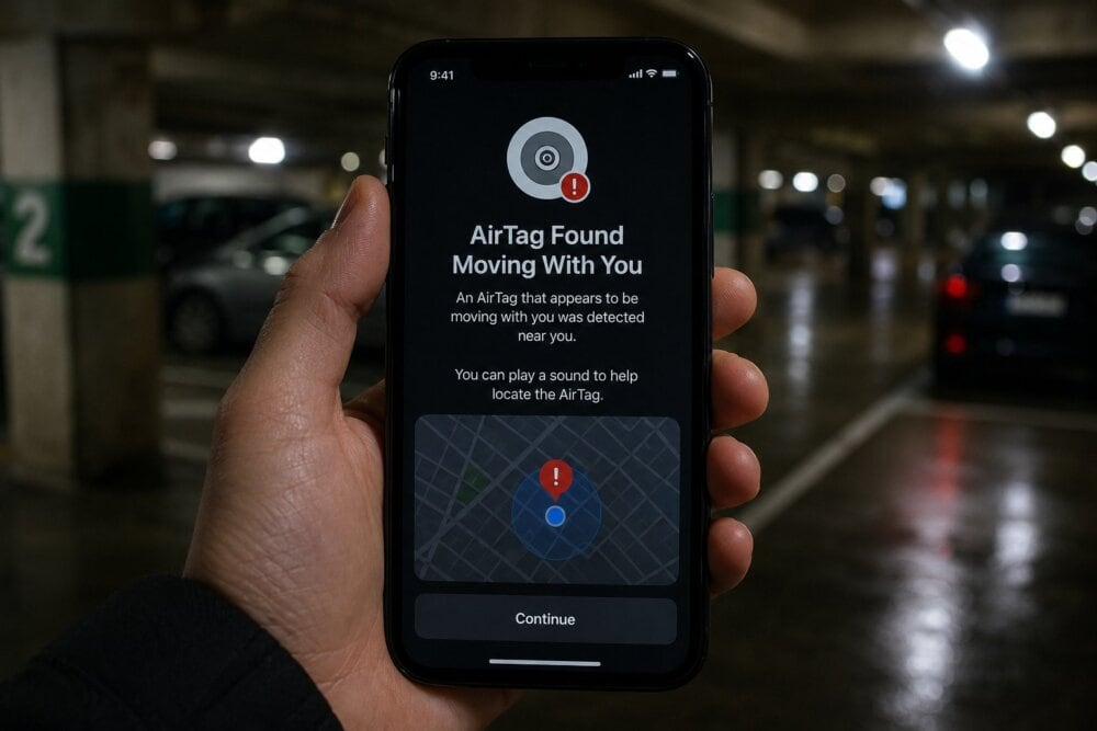 An iPhone showing an "AirTag Found Moving With You" alert in a dark parking garage