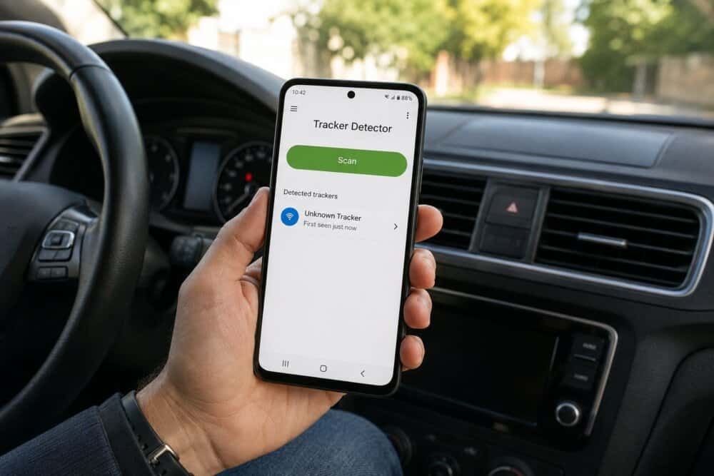 An Android phone running a tracker-detector scan in a car to find an unknown AirTag