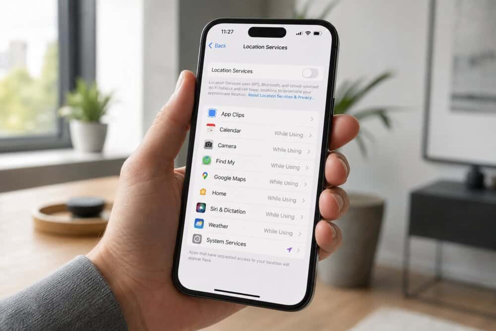 An iPhone showing the Location Services settings screen used to stop phone tracking