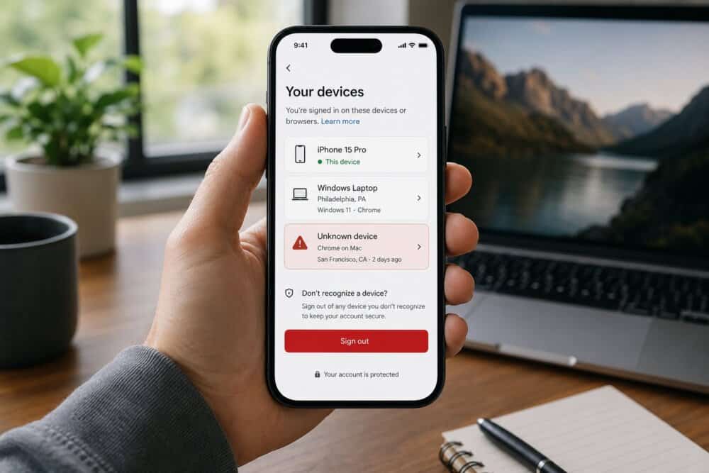 An iPhone showing the Your devices account screen with an unknown device flagged to sign out