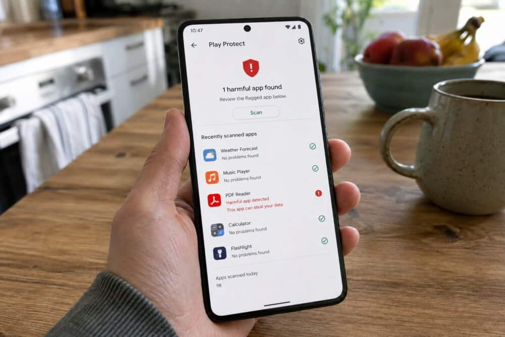 An Android phone running a Google Play Protect security scan for tracking apps