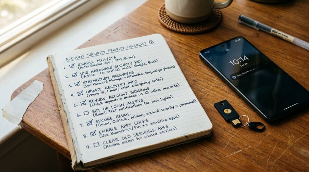 Notebook with account security priority checklist beside smartphone and hardware security key on wooden desk