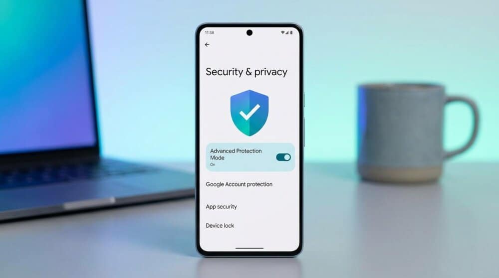 Android Security settings showing Advanced Protection Mode enabled with shield icon