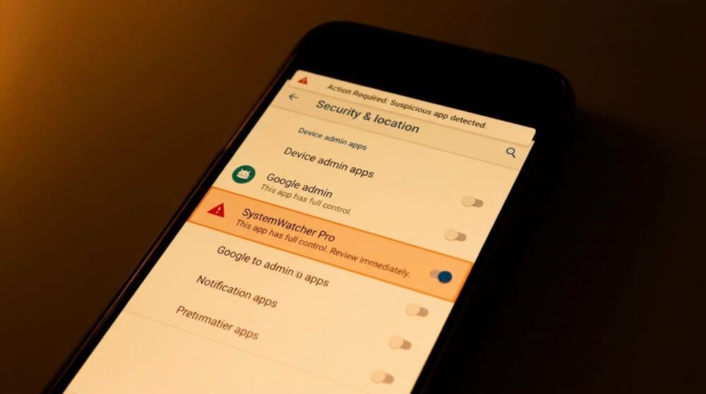 Android Device Admin Apps screen showing suspicious app entry highlighted