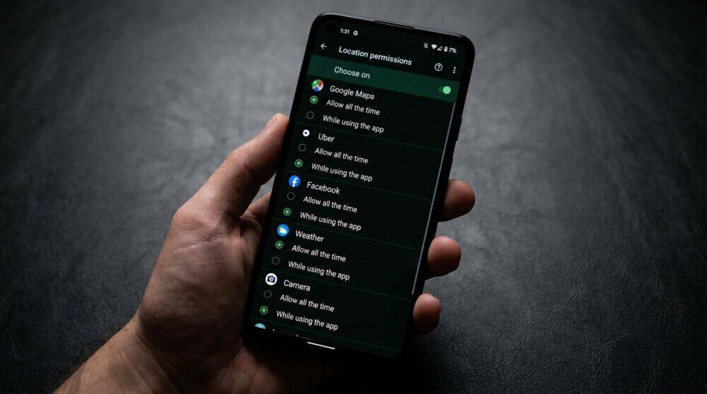 Android Location Permissions settings showing apps with Allow all the time access