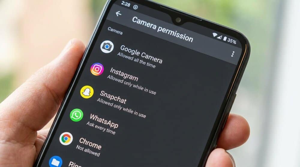 Android Permission Manager screen showing camera permissions list