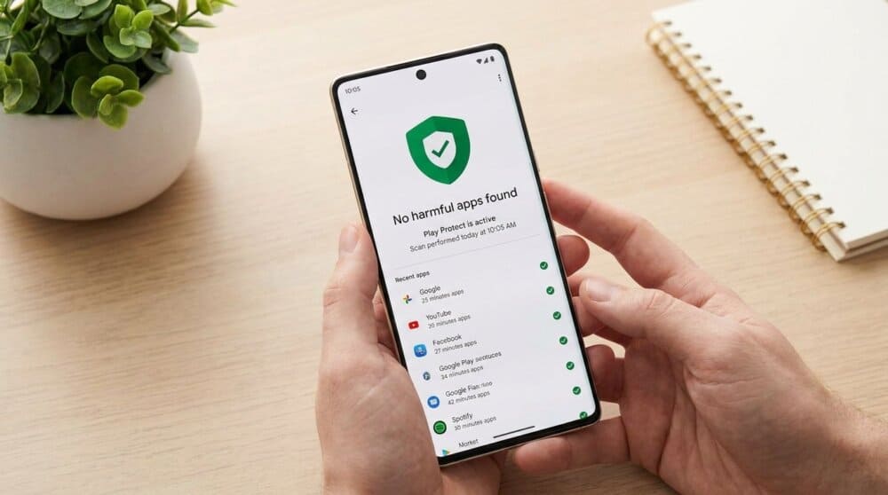 Android Google Play Protect screen showing device protected status