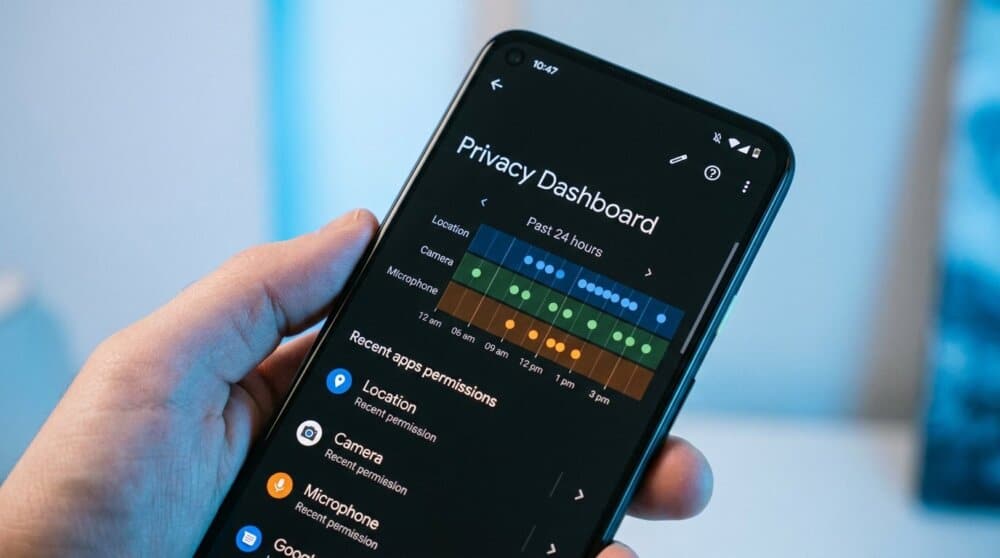 Android Privacy Dashboard showing app permission timeline