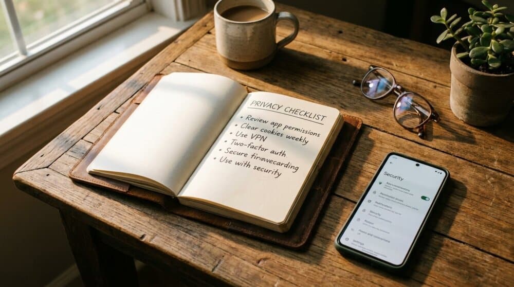 Notebook with Android privacy audit checklist beside a phone on wooden desk