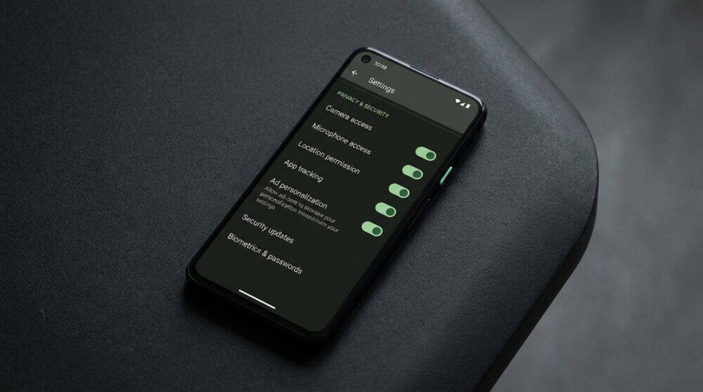 Android settings menu dark theme showing privacy and security toggles
