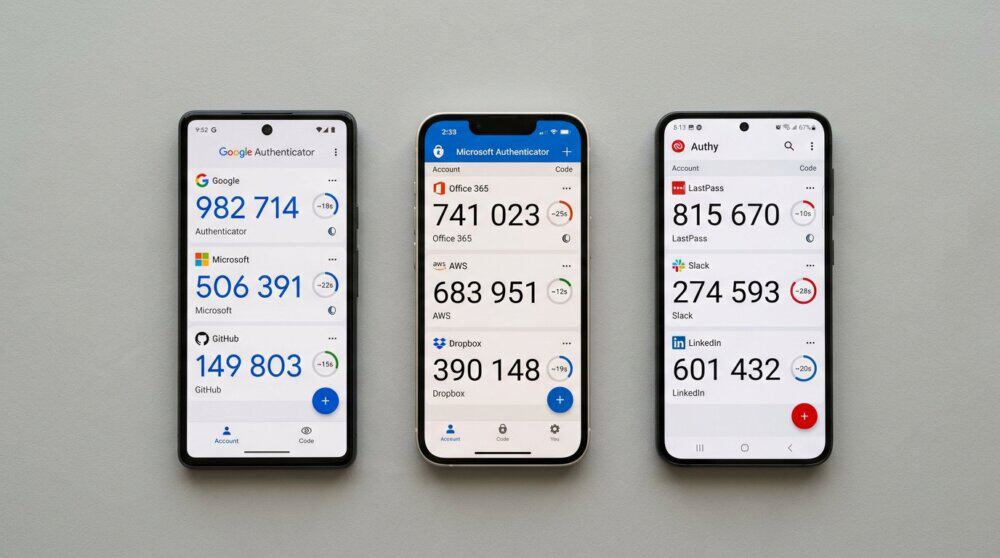 Three smartphones side by side showing authenticator app interfaces with rotating six-digit codes