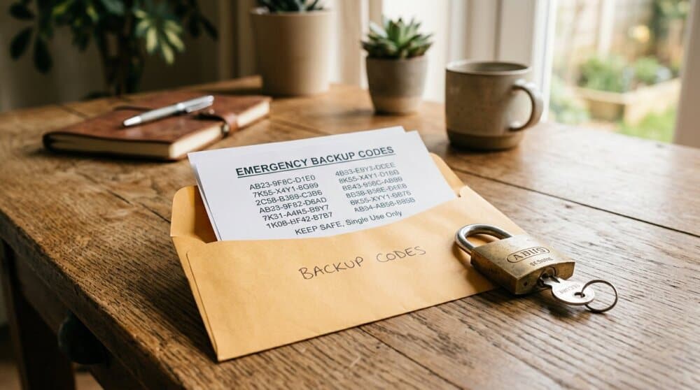 Printed backup codes in envelope with padlock showing secure offline storage method