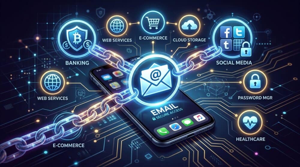 Smartphone showing email icon connected by chain to multiple account icons representing master key access