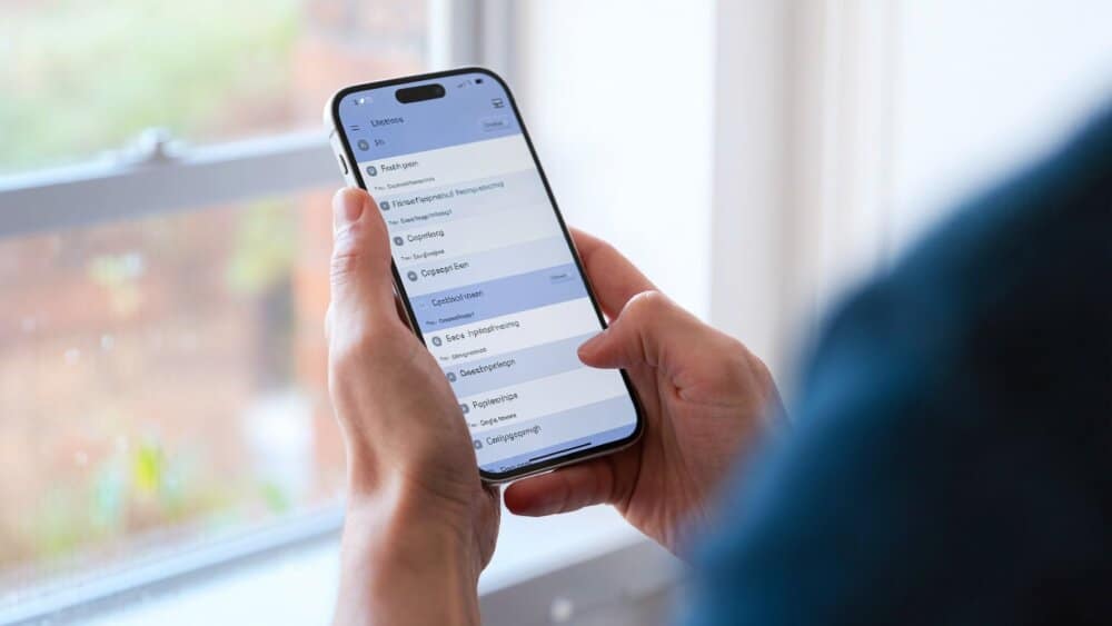 Hands holding an iPhone showing a privacy settings list with toggle switches