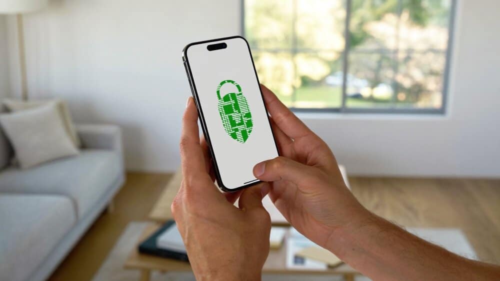 Hands holding a modern Android smartphone showing a generic security shield icon in a bright room