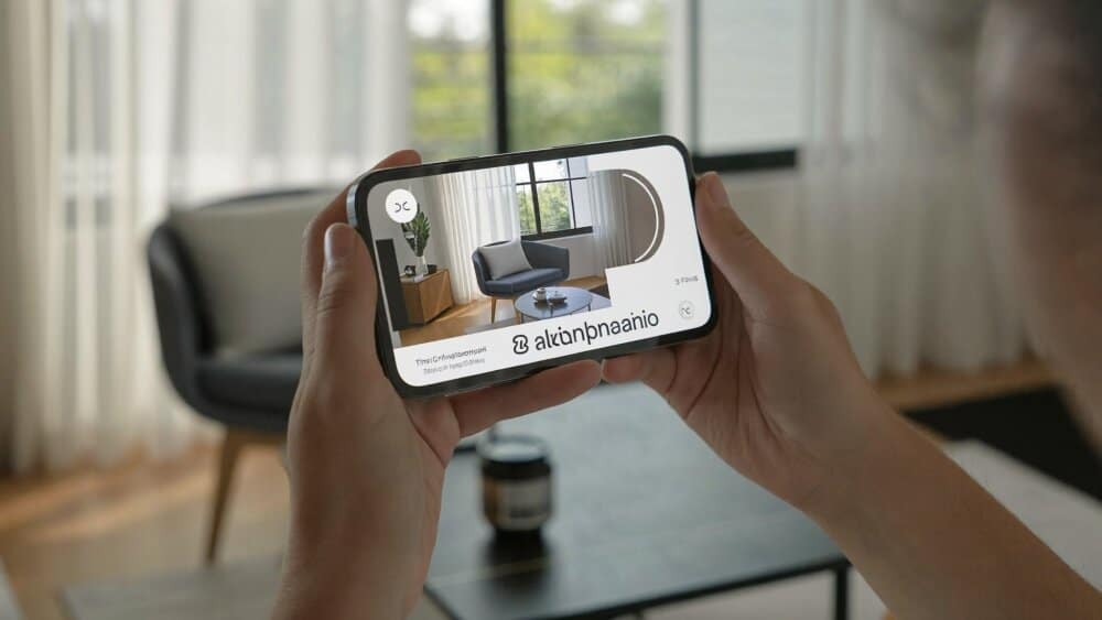 A person holding a modern Android smartphone in both hands in a bright minimal room