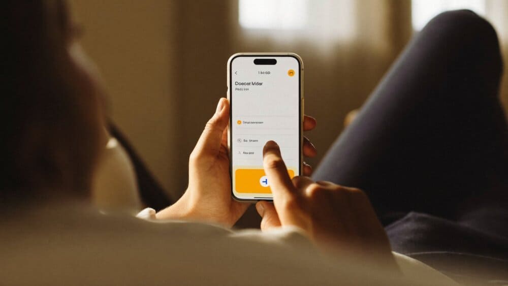 A person on a sofa tapping to sign in to an app on their phone