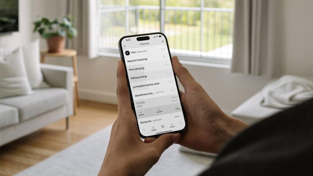 A person holding an iPhone reviewing a software update screen in a bright living room