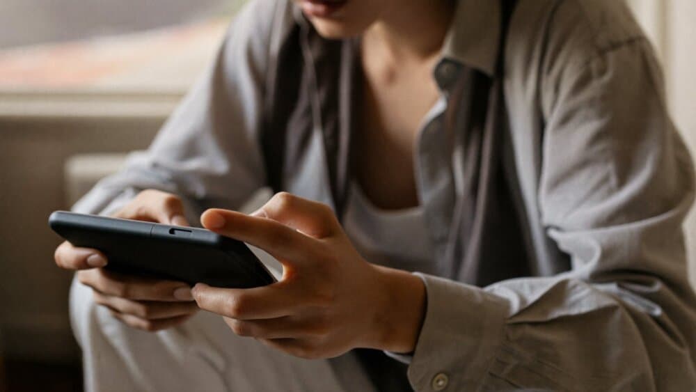 A person sitting calmly by a window holding a smartphone and looking at it thoughtfully