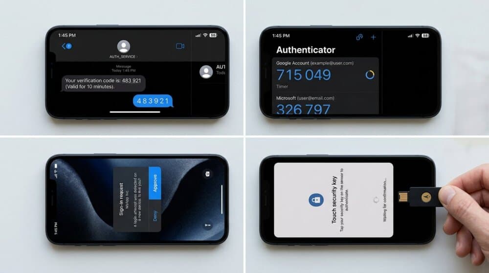 Grid of four smartphone screens showing SMS code, authenticator app, push notification, and hardware key 2FA methods