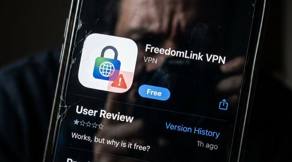 Smartphone showing App Store free VPN listing with warning overlay