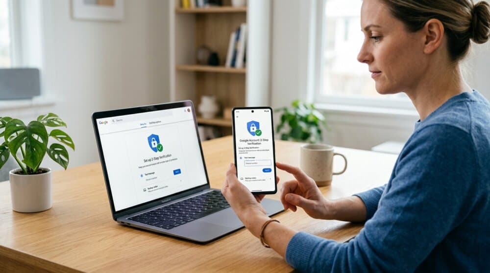 Google Account two-step verification setup page on phone showing security options