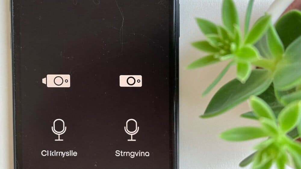iPhone screen showing camera and microphone permission switches beside a small plant on a white surface