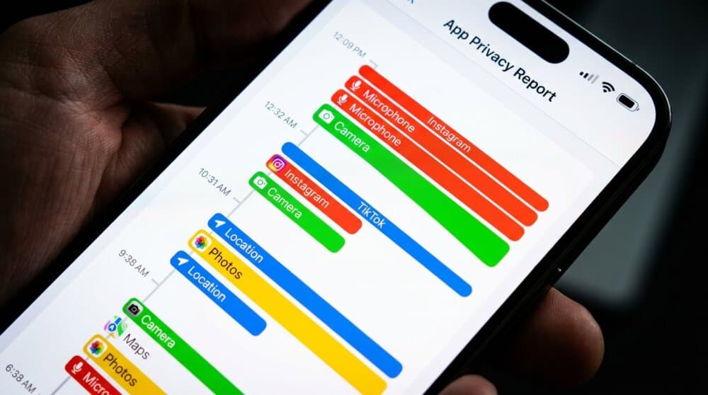 iPhone App Privacy Report showing app sensor access timeline