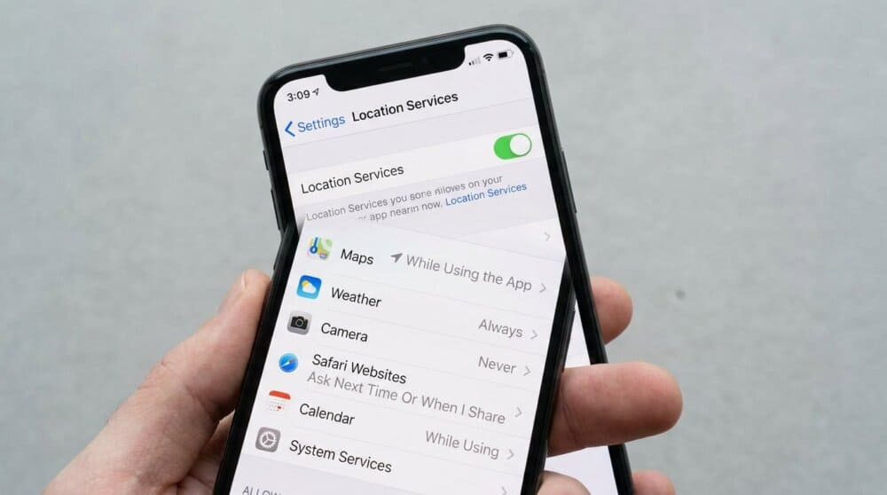iPhone Location Services settings showing apps with location permission levels