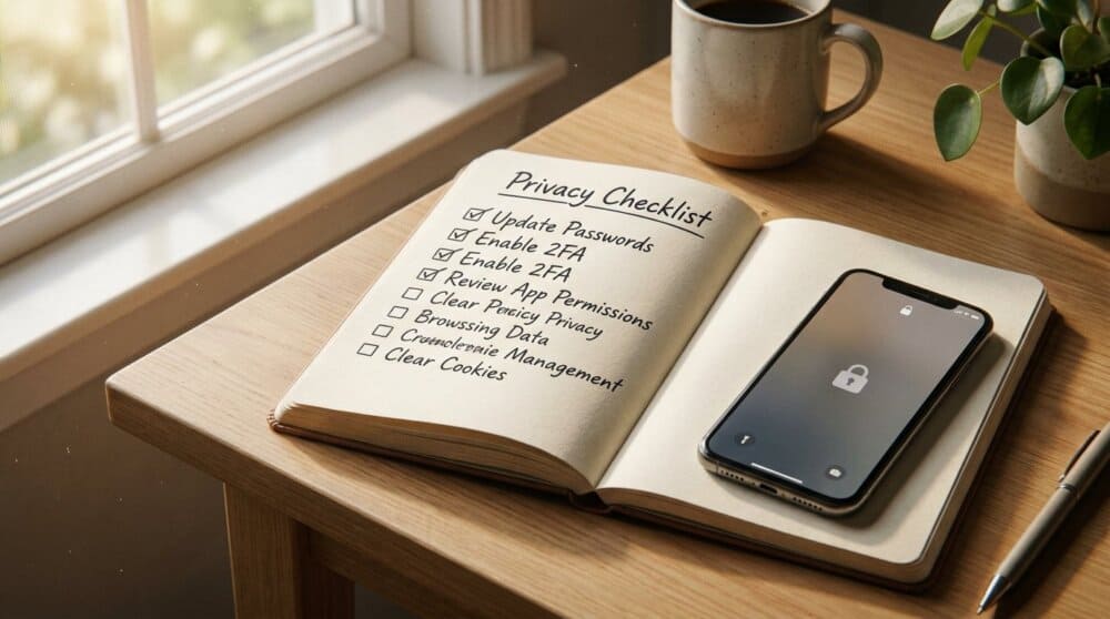 Notebook with iPhone privacy audit checklist on wooden desk