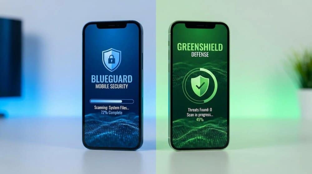 Two phones side by side showing Malwarebytes and Bitdefender mobile security scans