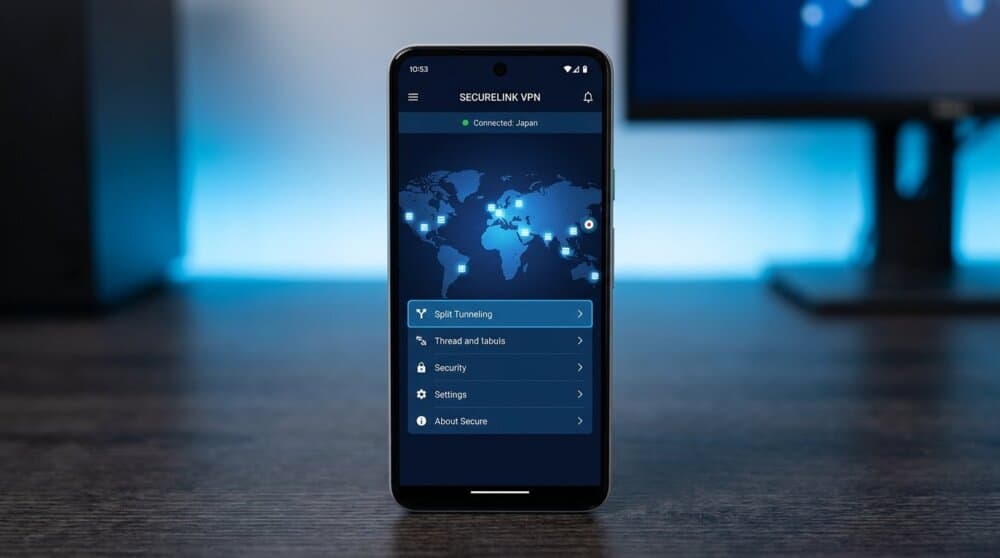 Android phone showing NordVPN app with server map and split tunneling option