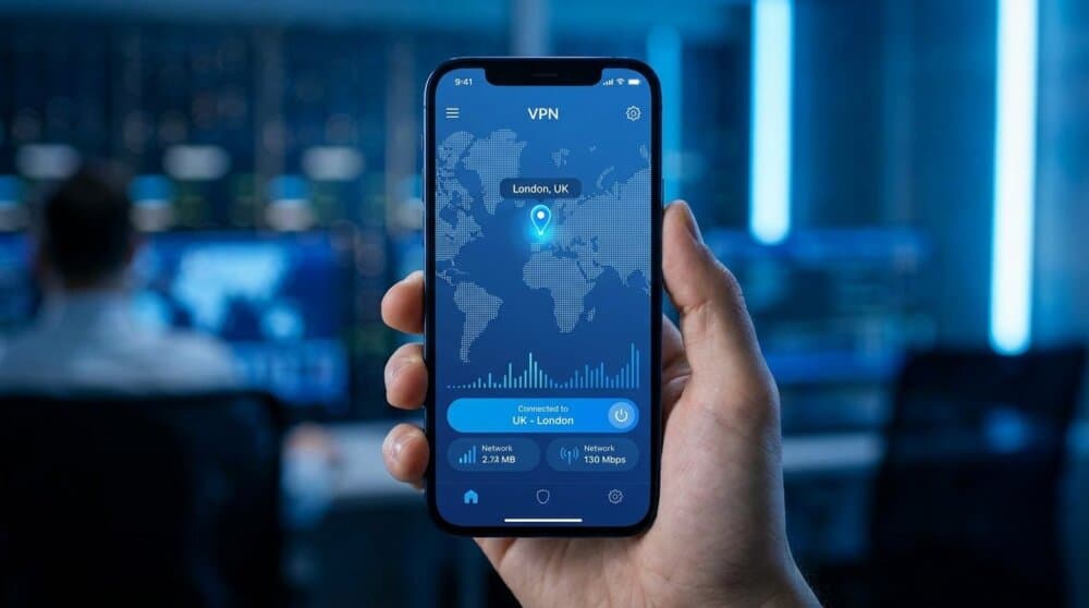 iPhone showing NordVPN app with world server map and location pin