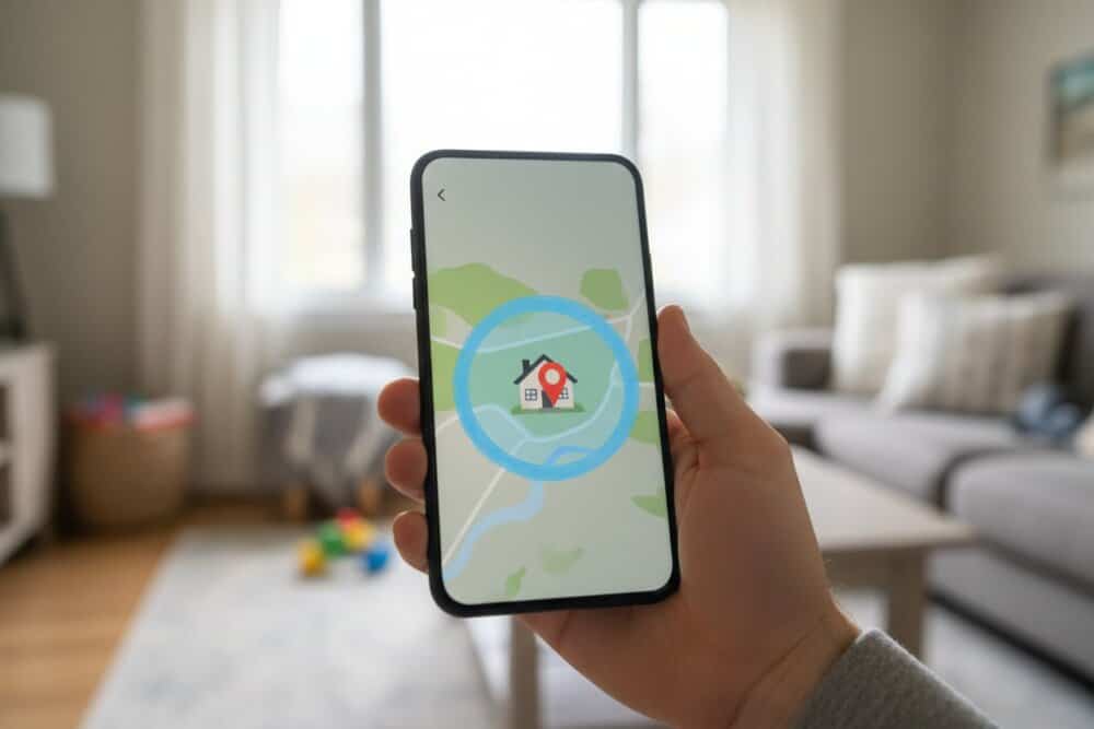 A phone map showing a geofence safe zone drawn around a child's home