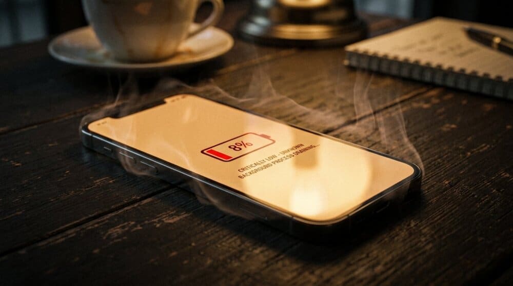 Smartphone with critically low battery — unexplained battery drain is a key spy app warning sign