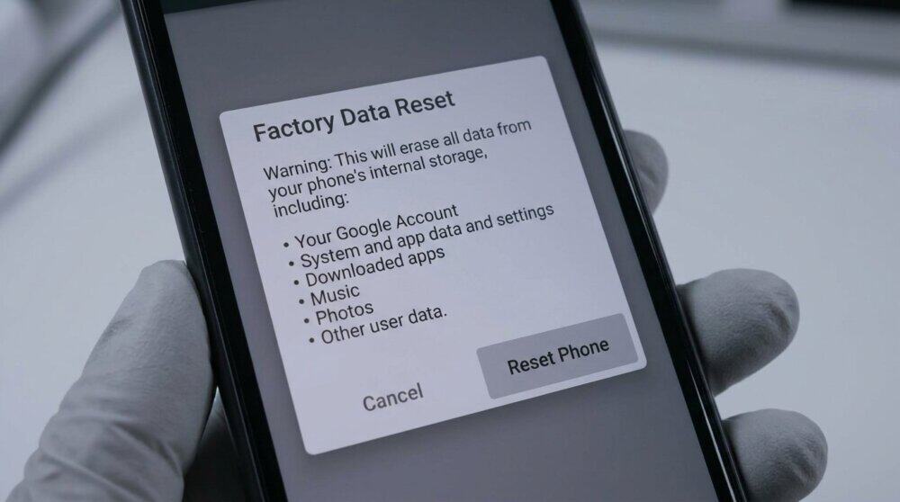 Smartphone factory reset confirmation screen
