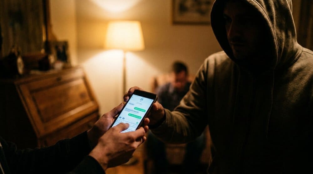 Someone handing an unlocked smartphone to another person — how spy apps get installed through physical access